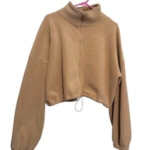 Tan Women's Soft Jacket Fleece Warm Zip Up size medium Minimalist Boho Trendy